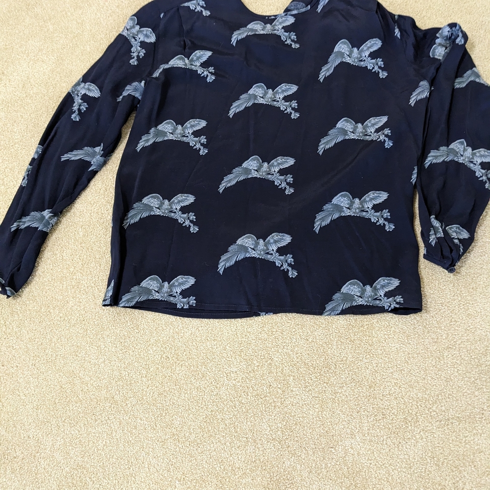 Navy Blue Bird Print Blouse